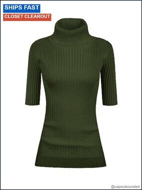 Turtleneck Half Sleeve Stretchy Ribbed Knit Fitted Sweater
